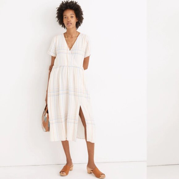 Madewell Linen-Blend Clara Midi Dress in Plaid Muted Blush - Picture 1 of 3